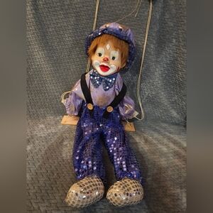 Vintage Purple Marionette Porcelain Clown Doll with Sequins